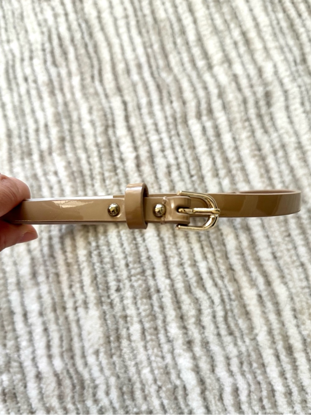 Ann Taylor Nude Beige Patent Skinny Belt Gold Dome Studs Size S NWT